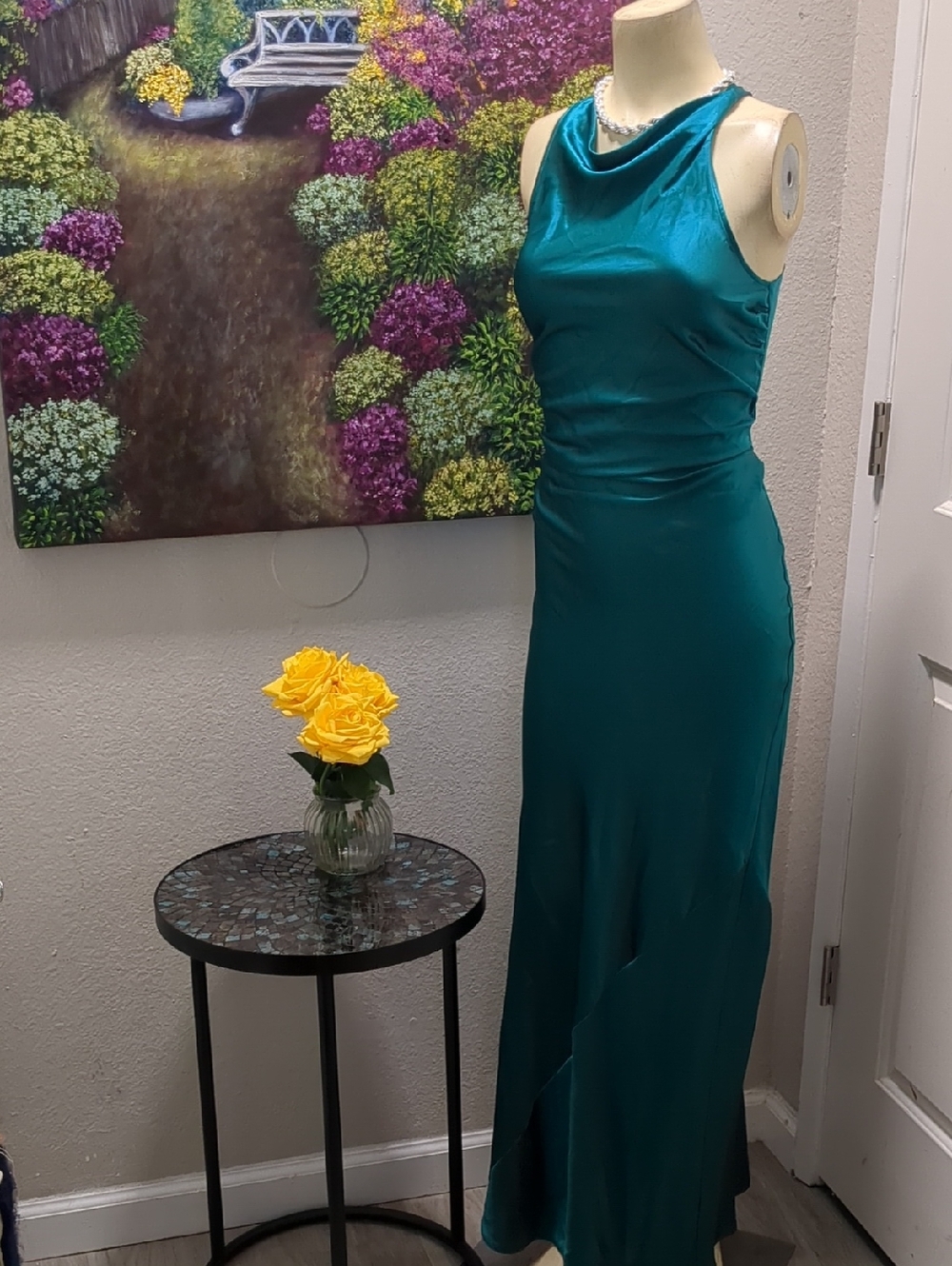 Banana Republic Teal Silk  Cowl Neck Maxi Gown